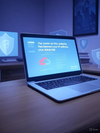 A laptop on a desk shows a blue warning screen that bans access.