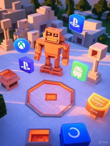 Voxel-style arena with a blocky orange robot surrounded by floating gaming icons (PlayStation, Xbox, Android).
