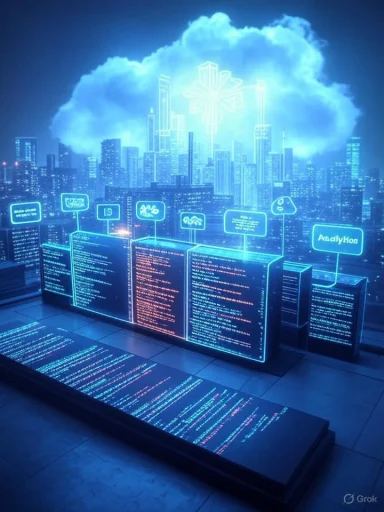 A futuristic city data hub with glowing blue code screens and holographic analytics panels.