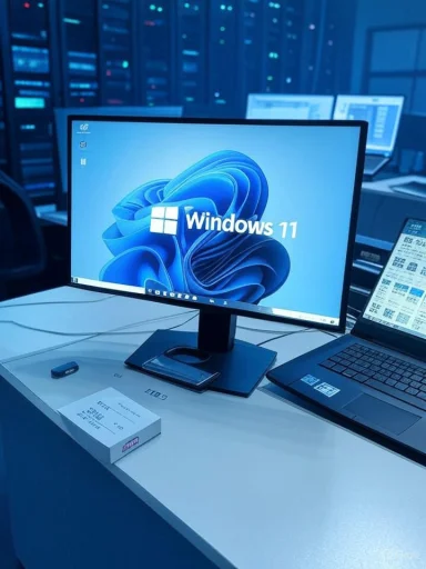 Windows 11 on a desktop monitor in a data center, with a laptop nearby.