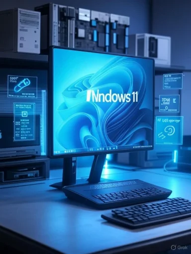 Windows 11 on a large monitor in a blue-lit data center with holographic screens.