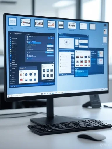 A desktop setup with a large monitor displaying multiple windows and a keyboard.