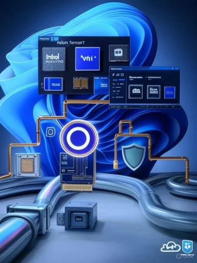 A blue, futuristic hardware illustration with circuit boards, copper pipes, and a shield icon.