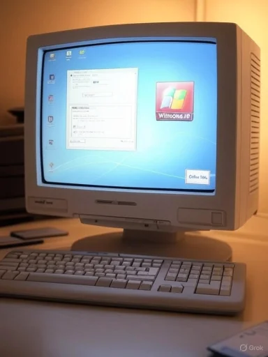 Old CRT monitor with a beige keyboard on a desk, displaying a Windows XP desktop.
