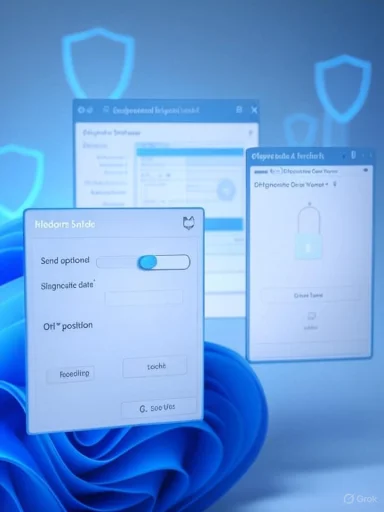 Blue-tinted floating UI windows with a toggle switch on a form.