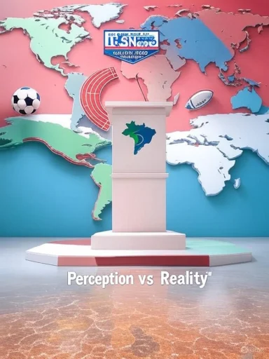A podium stands before a colorful world map backdrop with the words Perception vs Reality. A podium stands before a colorful world map backdrop with the words Perception vs Reality.