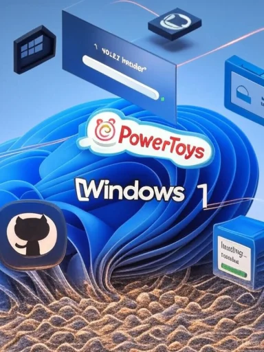 Windows 11 artwork featuring PowerToys and open-source tools with a GitHub icon. Windows 11 artwork featuring PowerToys and open-source tools with a GitHub icon.