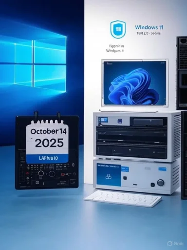Windows 11 display beside a vintage server rack and a calendar reading October 14, 2025.