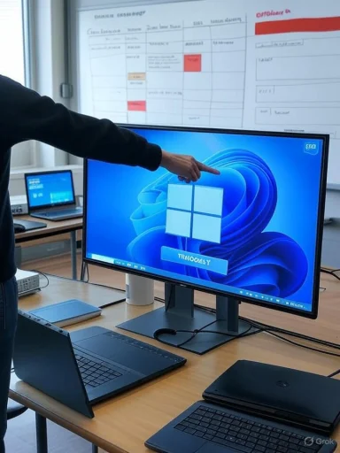 Person points at a Windows desktop shown on a large monitor in a classroom.