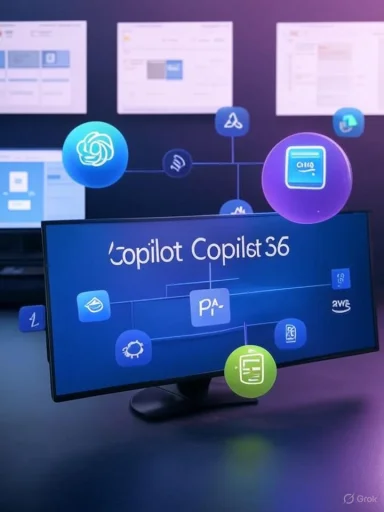 A monitor displays “Copilot Copilot 36” with colorful floating app icons around it.