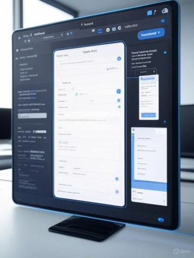 Desktop monitor shows a dark UI design tool with a central form layout.