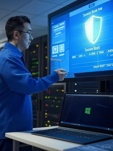 IT technician in a blue coat monitors a shield-graphic display in a data center.