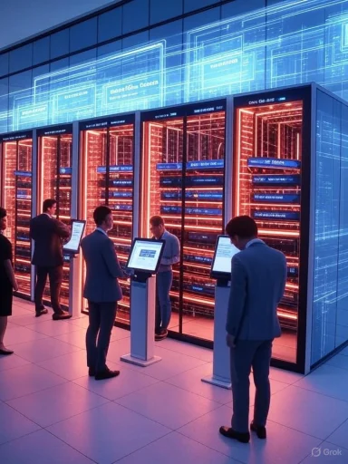 People in suits interact with glowing red server racks in a futuristic data center.