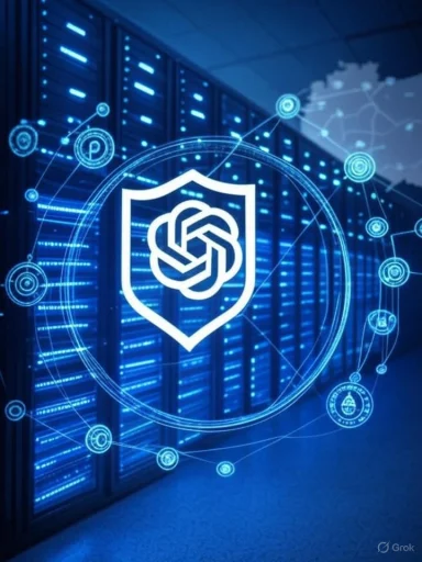 Blue data center with a glowing shield logo, symbolizing cybersecurity and data protection.