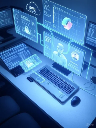 Futuristic workstation with holographic data panels floating around a keyboard.