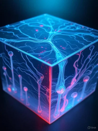 A glowing glass cube lit with blue and pink neural-like circuitry patterns.