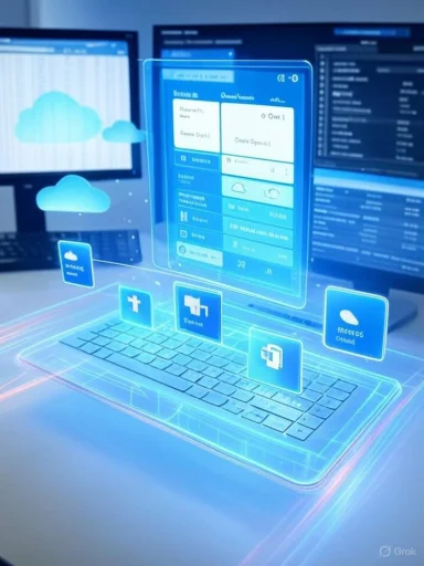 A glowing blue holographic UI floats above a keyboard, with cloud icons.