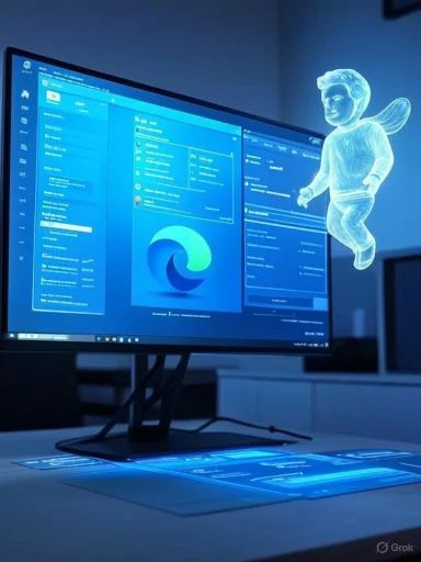 A blue-lit computer monitor shows software UI as a translucent, holographic angel hovers nearby.