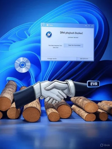 Cartoon gloved hands shake over a pile of logs with a Windows desktop in the background.