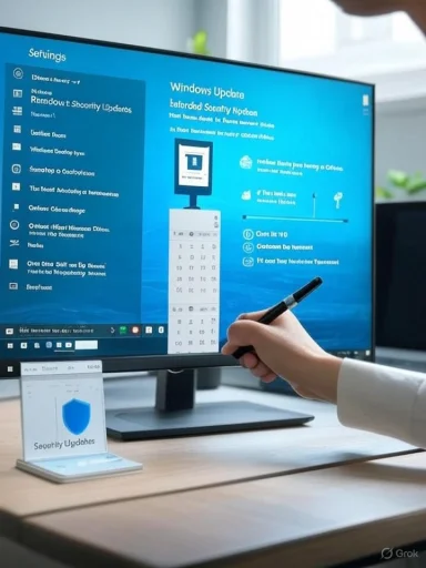 A person uses a stylus to interact with Windows Update settings on a large monitor.