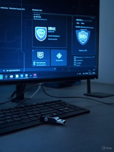 A blue security dashboard is displayed on a monitor, with shield icons, while a USB drive rests on the keyboard.