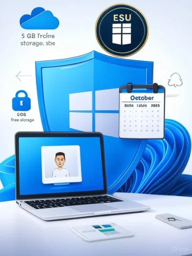A Windows-themed poster featuring cloud storage, a security shield, a calendar, and a laptop displaying a user avatar.