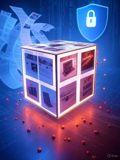 A glowing cube covered with screens floats in a cybersecurity scene with a shielded lock.