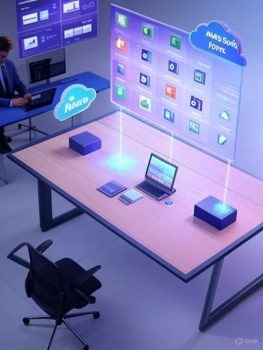 A modern desk setup with holographic cloud displays and a laptop.
