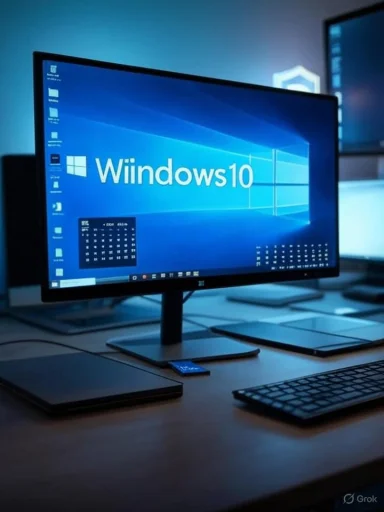 A Windows 10 desktop shown on a sleek monitor with a blue wallpaper on a tidy desk.