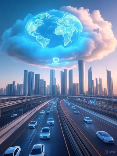 Futuristic cityscape beneath a glowing blue globe hovering above a busy highway.