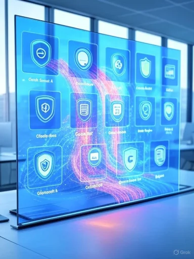 A futuristic transparent holographic screen in an office displays blue security app icons.