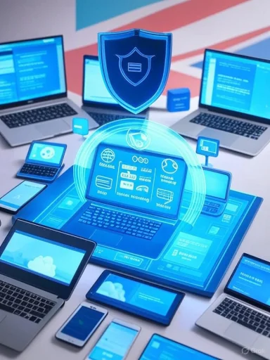 A blue holographic shield hovers over interconnected laptops and devices, symbolizing cyber security.