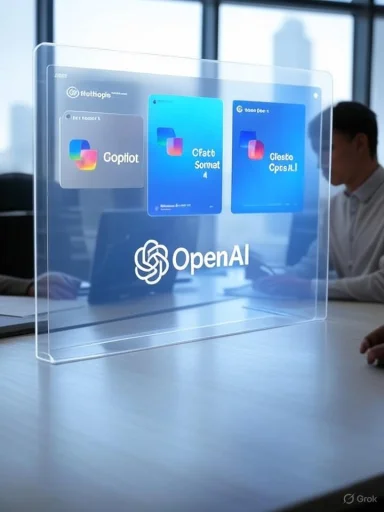 Transparent acrylic sign displays OpenAI logo and product cards at a meeting.