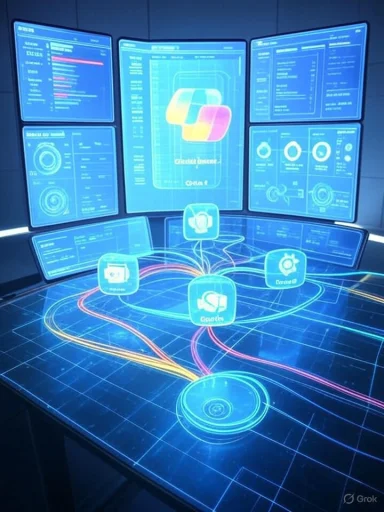 Futuristic control room with holographic dashboards and glowing data streams.
