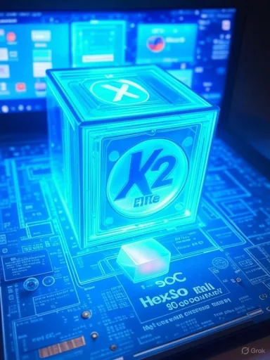 A glowing blue K2 Elite cube with an X on top sits on a circuit-board background.