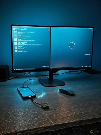 A blue-lit desk with a dual-monitor setup and a phone connected via USB.