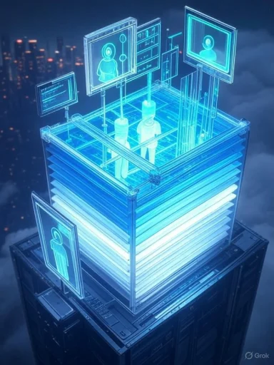 A futuristic holographic data tower with human profiles displayed on glowing screens above a cityscape.