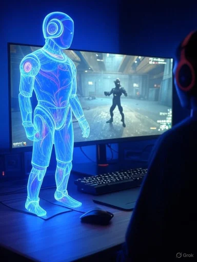 Blue holographic humanoid figure stands beside a gamer playing a sci-fi shooter on a monitor.