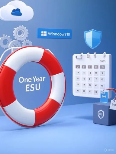 Blue tech illustration showing a life preserver labeled “One Year ESU” beside Windows 10, calendar and shield icons.