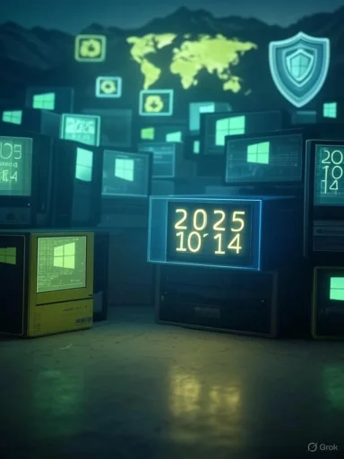 Futuristic data center with glowing Windows screens, a world map backdrop, and a security shield.