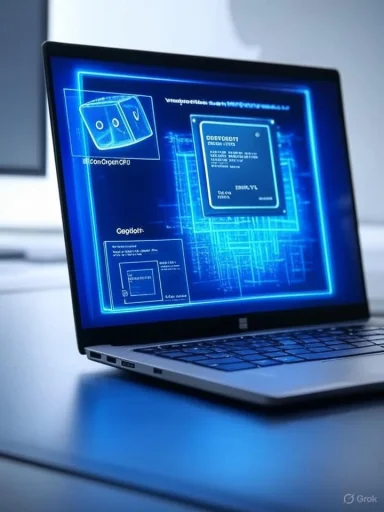 A laptop screen glows with neon blue holographic schematics and a CPU diagram.
