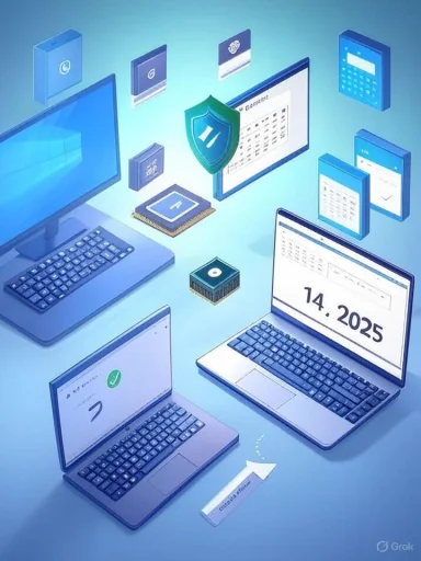 A digital security scene with multiple laptops and screens protected by a shield.