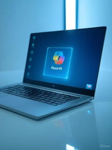 Sleek laptop on a glossy surface, glowing blue with a neon app icon on screen.