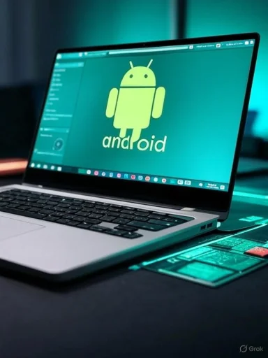 A laptop displays the Android mascot on a teal-lit screen.