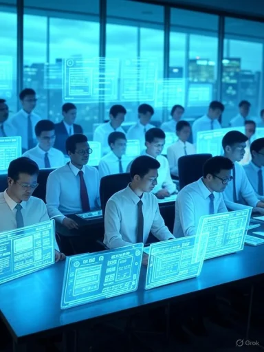 A high-tech office with many professionals working at glowing holographic screens.