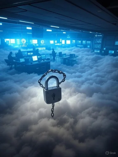 A padlock suspended above a sea of clouds in a blue-lit control room filled with monitors.