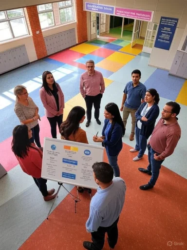 A diverse team presents a poster to peers in a bright, colorfully tiled school hallway.