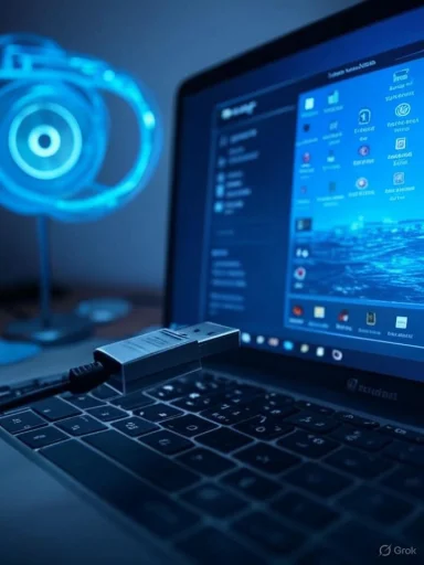 A USB dongle plugged into a laptop, with a blue LED-lit device glowing in the background.