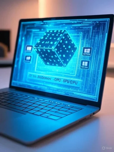 Blue holographic die floats on a laptop screen with a futuristic UI.