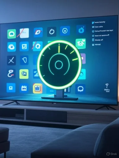 A neon-green circular device on a stand sits in front of a smart TV displaying app icons.